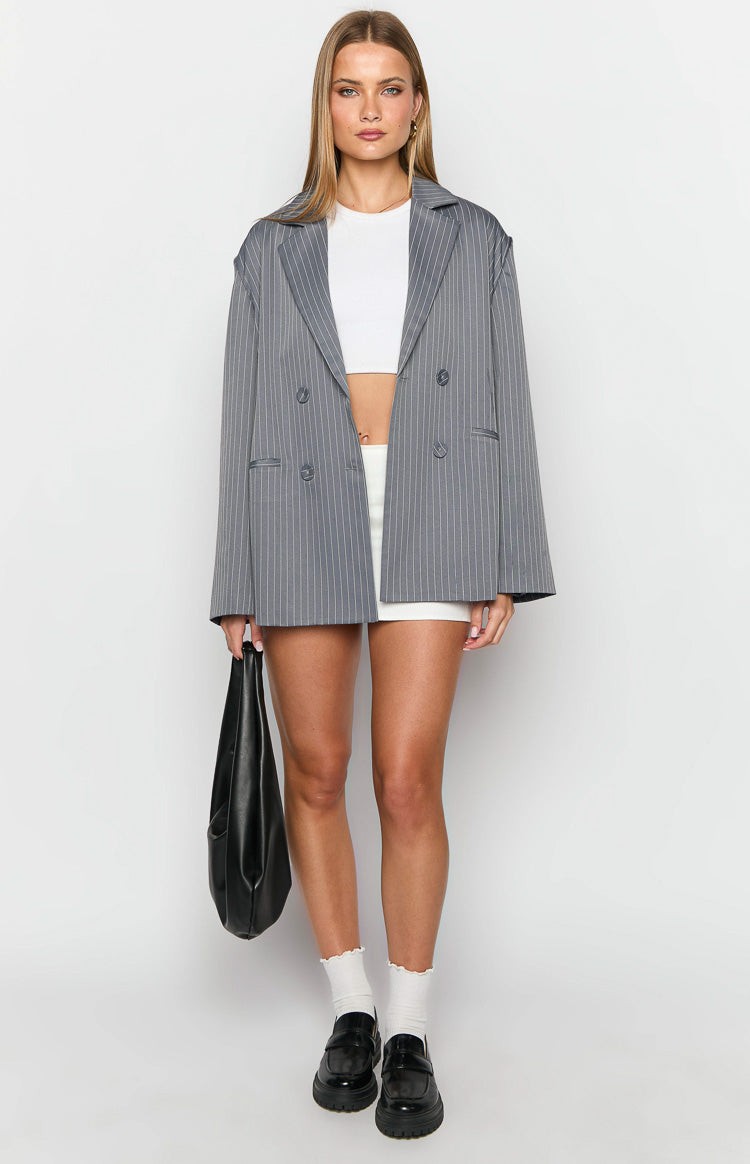 Louis Grey Striped Oversized Blazer view 4